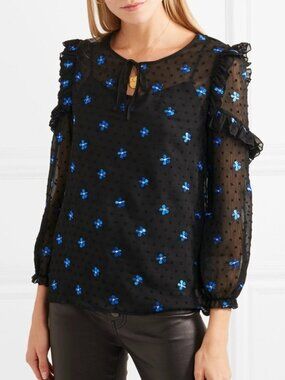 Maje Sheer Black Swiss Dot Blue Embroidered Floral Top